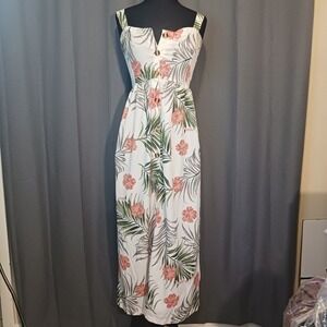 Shein Floral Maxi Dress Tropical Print Button Front Sundress‎ White S